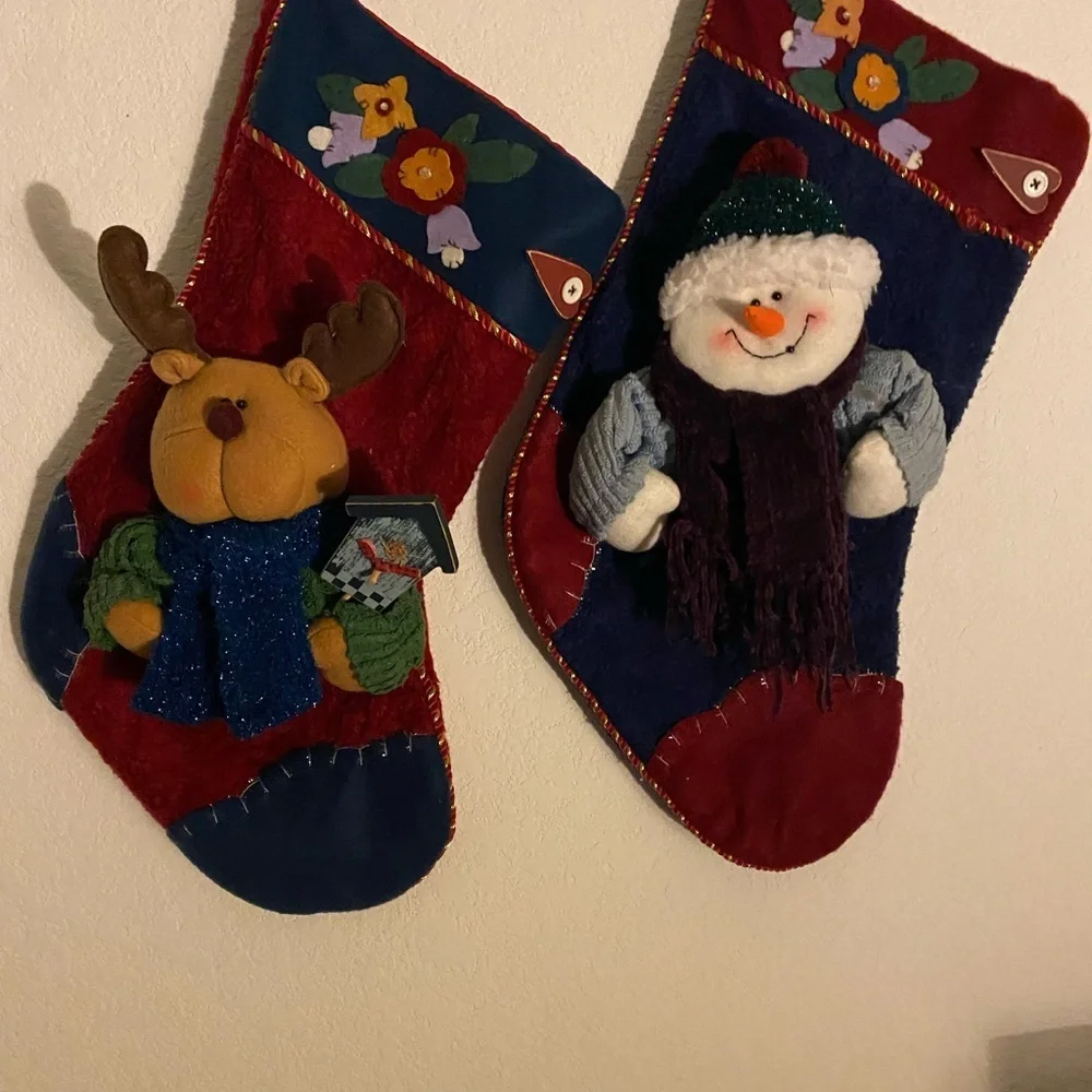 2 Christmas Plush 3D Patchwork Holiday Stockings Snowman and Reindeer 18”x 10”